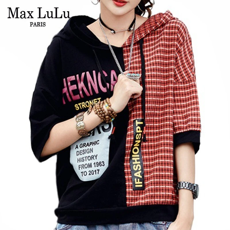 Max LuLu 2020 летние модные женские клетчатые футболки с капюшоном принтом Лоскутные