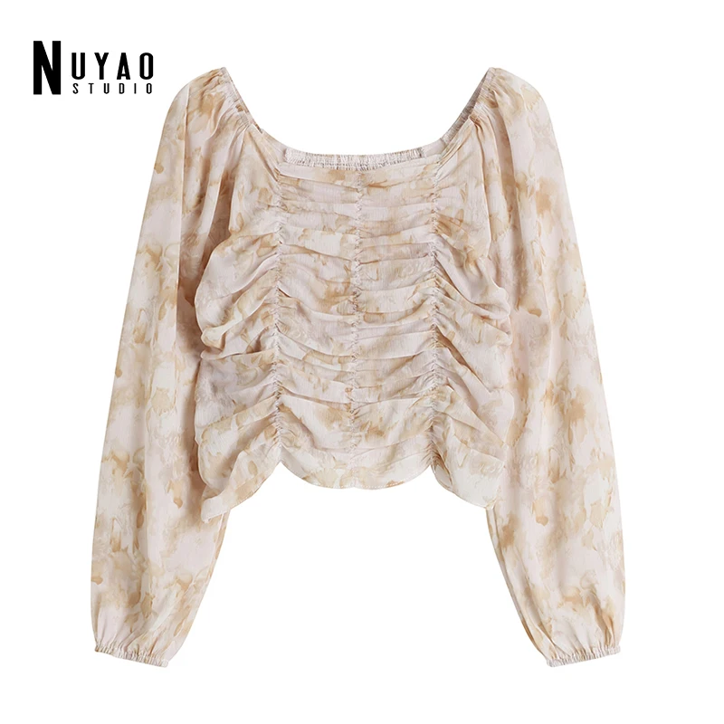 

Блузка женская с цветочным принтом, модная рубашка в стиле пэчворк, бандажный Кружевной Топ с длинным рукавом, во французском винтажном стиле, пикантная футболка