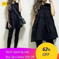 black blouse women sleeveless loose casual blouses pullover pleated summer korean tops solid fashion streetwear lady blouse
