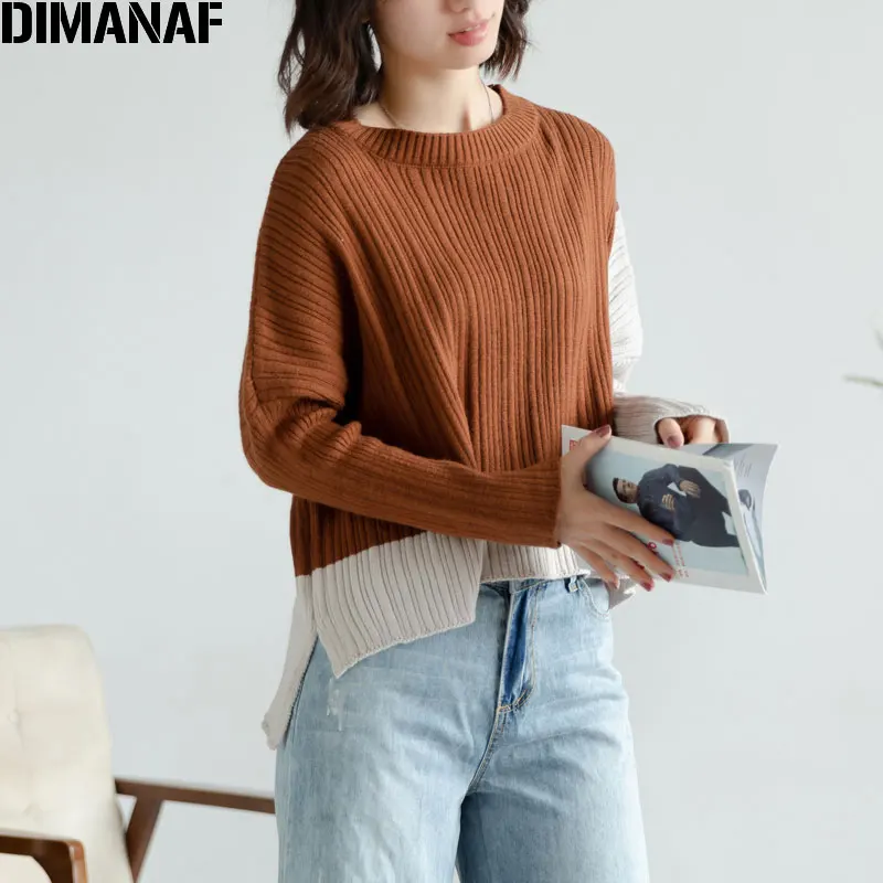 

DIMANAF 2019 Oversize Autumn Sweater Batwing Style Women Knitting Patchwork Pullovers Cotton Elastic Fashion Loose Tops&Tees