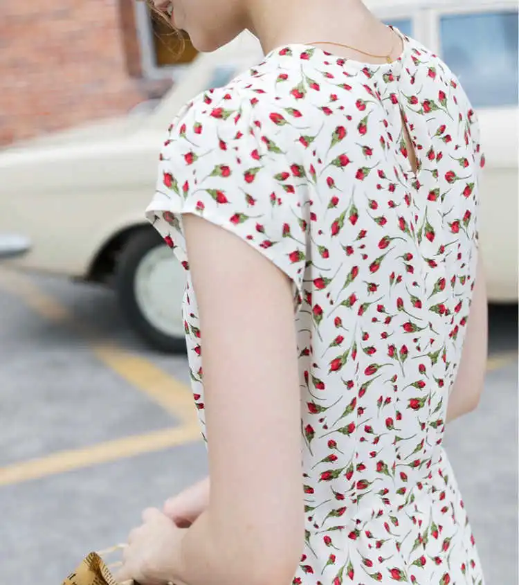 

Women Fashion Rose Print Short Sleeve Round Collar White Midi Dress With Waist Tie - MageBop 2020 New Ladies Long Casual Dress