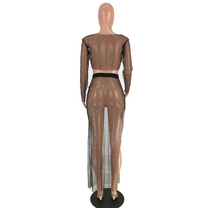 Сетчатый прозрачный топ из двух Женский комплект 2 шт. с блестящими стразами и