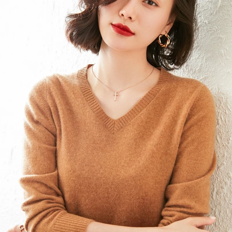 

20Colors V-neck Jumpers Woman 100% Cashmere Knitted Sweater and Pullover 2020 Winter Long Sleeve New Soft Warm Standard Clothes