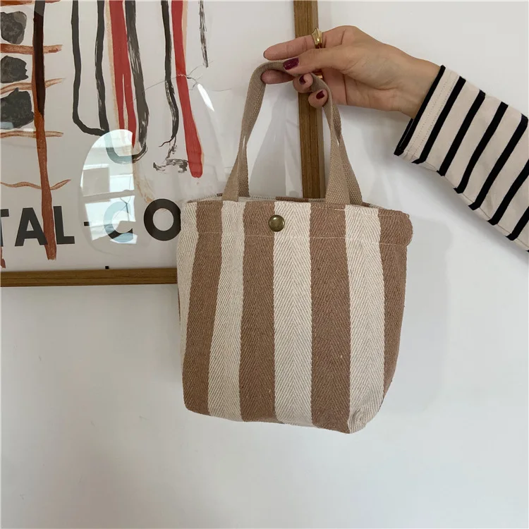 

Fashion Canvas Solid Striped Female Recyclable Bag Simple Design Eco Shopping Large Capacity Canvas Purse Pouch Carrying Bag