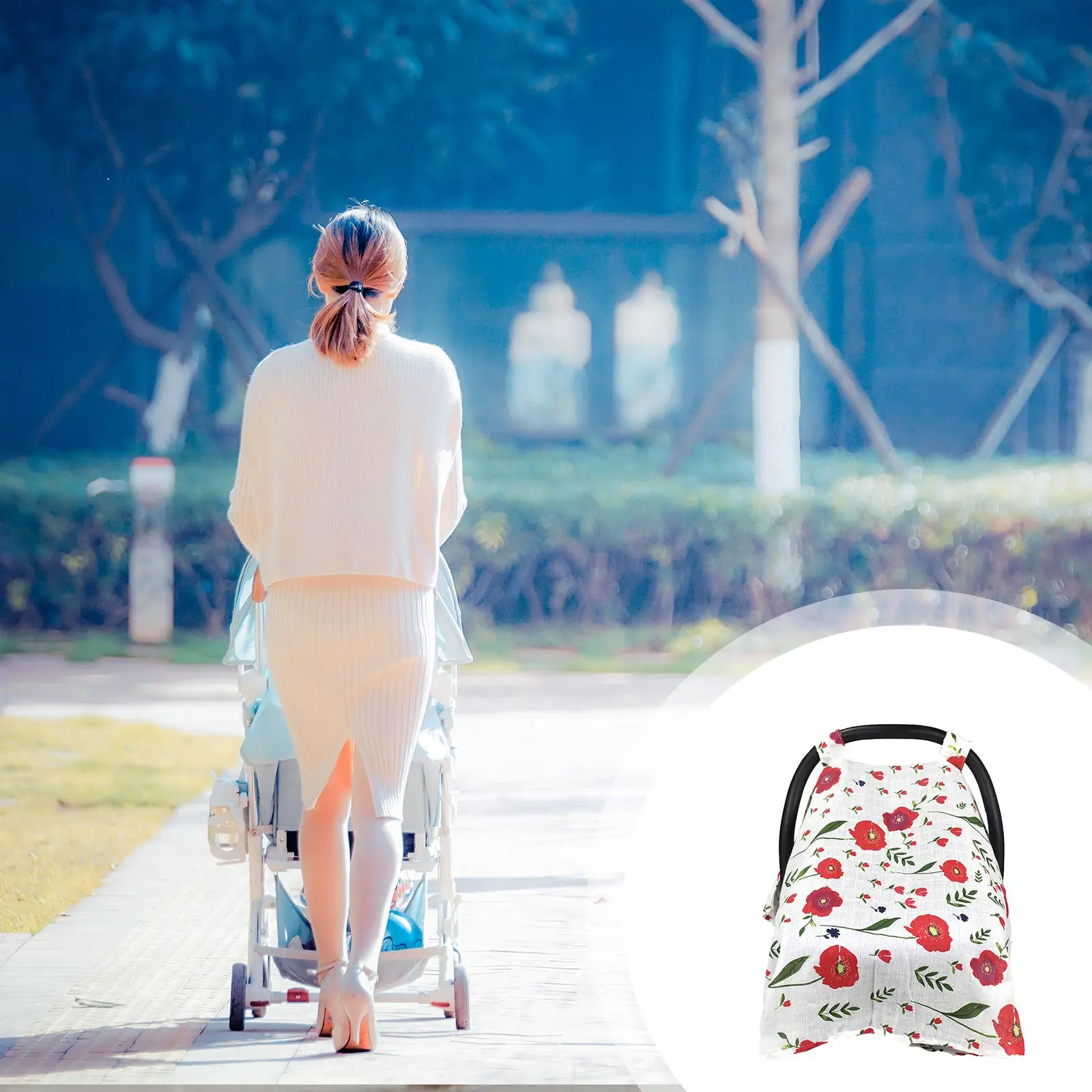 

Muslin Carseat Canopy With Red Flower Car Seat Canopy Anti-Sun Cool Wide Universal Lightweight Breathable Soft For Babies