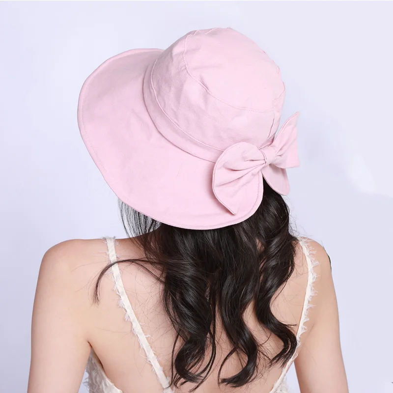 Однотонные хлопковые шляпы от солнца с бантом для женщин Летние повседневные