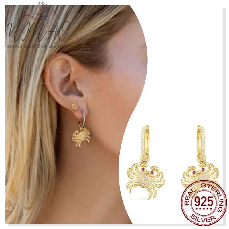 

925 Sterling Silver Zircon Sea Crab Earrings Tropical Style Ear Studs New Fashion Exquisite Holiday Gift Luxury High Quality
