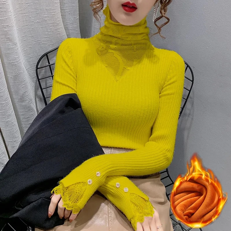 2021 Winter Thick Turtleneck Knitted Sweater Elegant Lace Patchwork Slim Pullovers Women Korean Chic Fleece Lined Warm Knitwear | Женская
