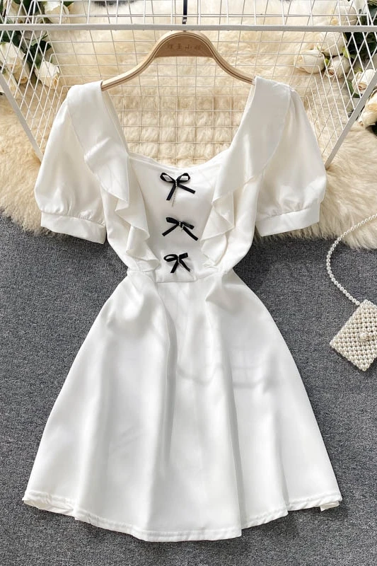 

Gagaok Sweet Dresses 2021 Summer New Solid Square Collar Bow Puff Sleeve Age Reducing Ruffles Chiffon Birthday Dress for Women