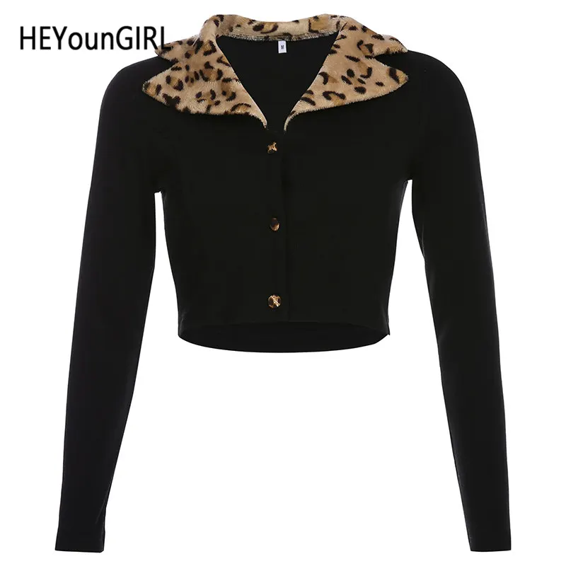 Черный HEYounGIRL сатиновая юбка-американка воротник с животным принтом женская футболка, Топ Повседневное Harajuku трикотажная укороченная футболка с длинным рукавом черная футболка - Цвет: Черный