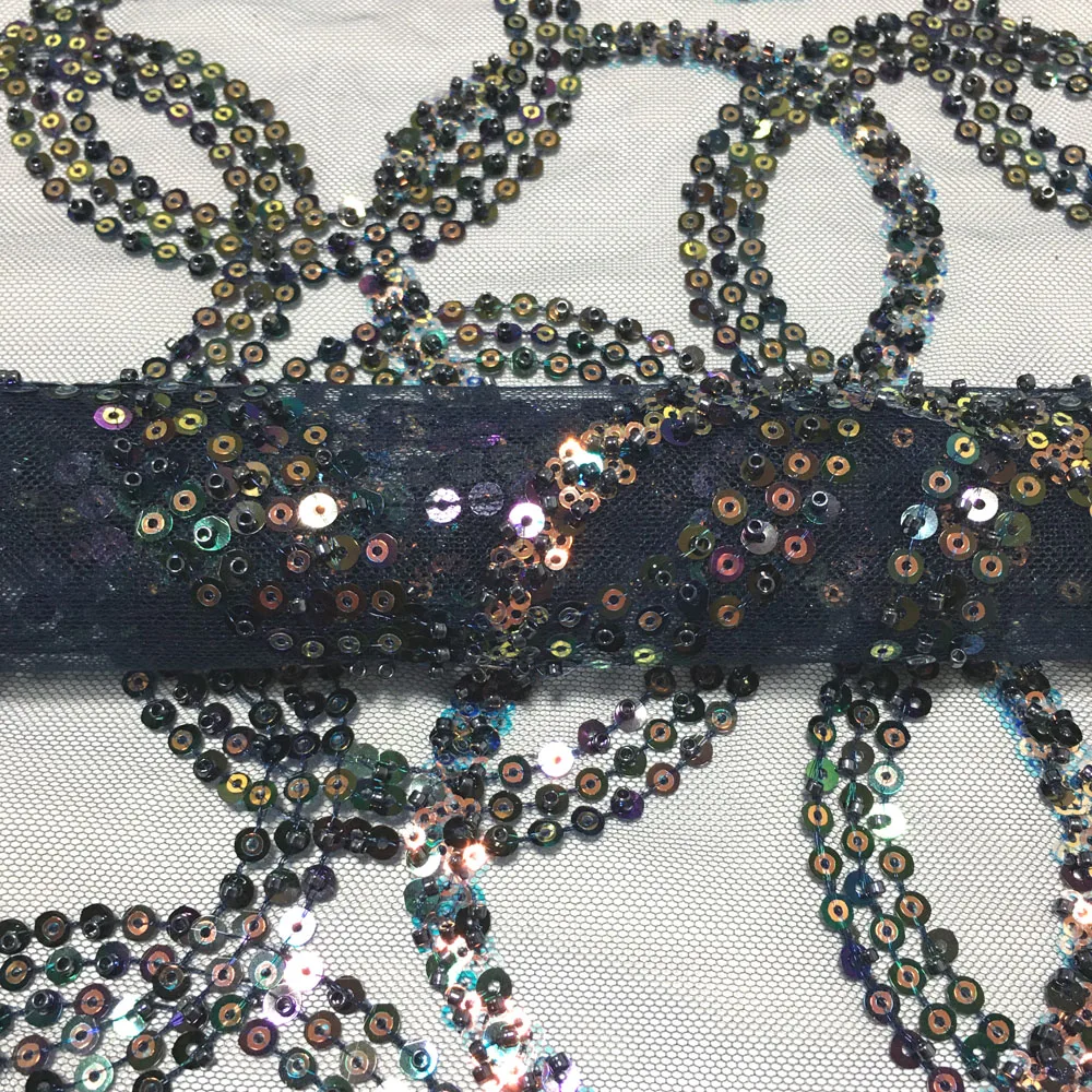 

Circle Link Polyester Tulle Base Gunmental Round Beads&3mm+5mm Sequins Fabric for Gowns