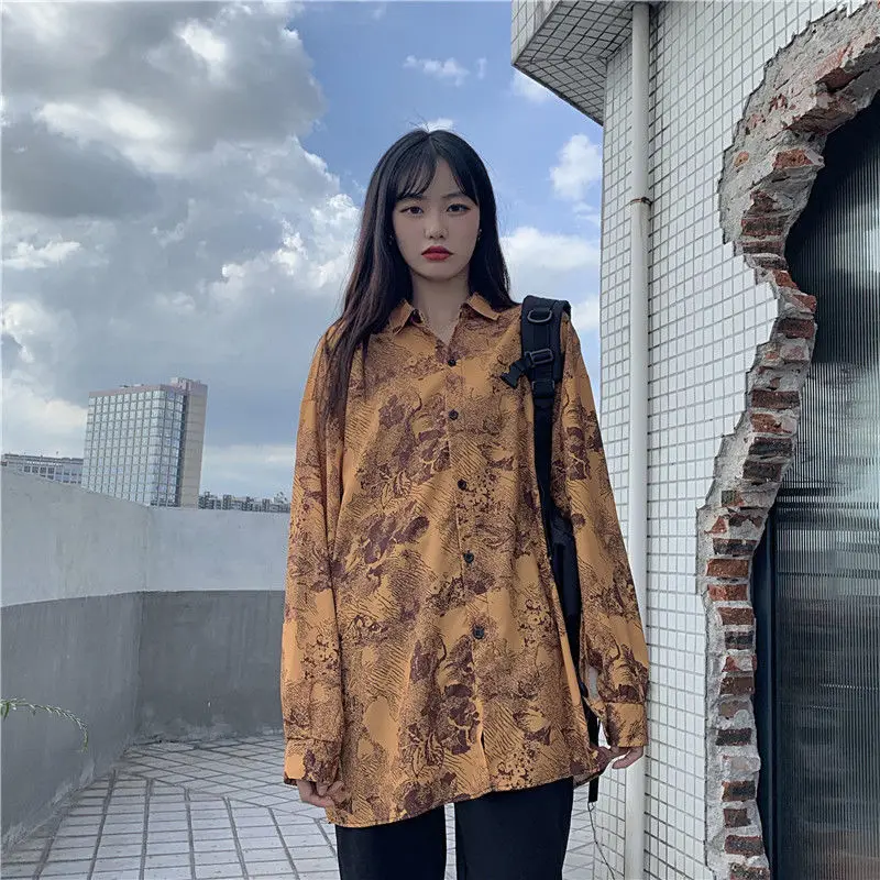 

HOUZHOU Harajuku Printed Shirt Oversize Retro Street Blouses Plus Size White Shirts Long Sleeve Cardigan Spring Korean Fashion
