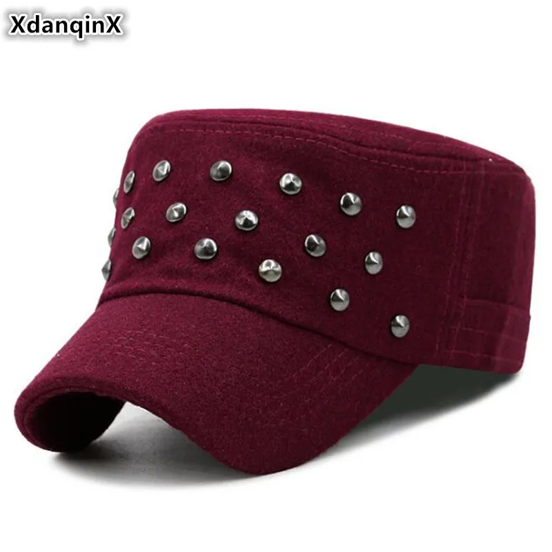 

XdanqinX Novelty Autumn Winter Women's Hats Thicken Woolen Army Military Hat Men's Flat Caps 2020 New Handmade Rivet Brands Cap