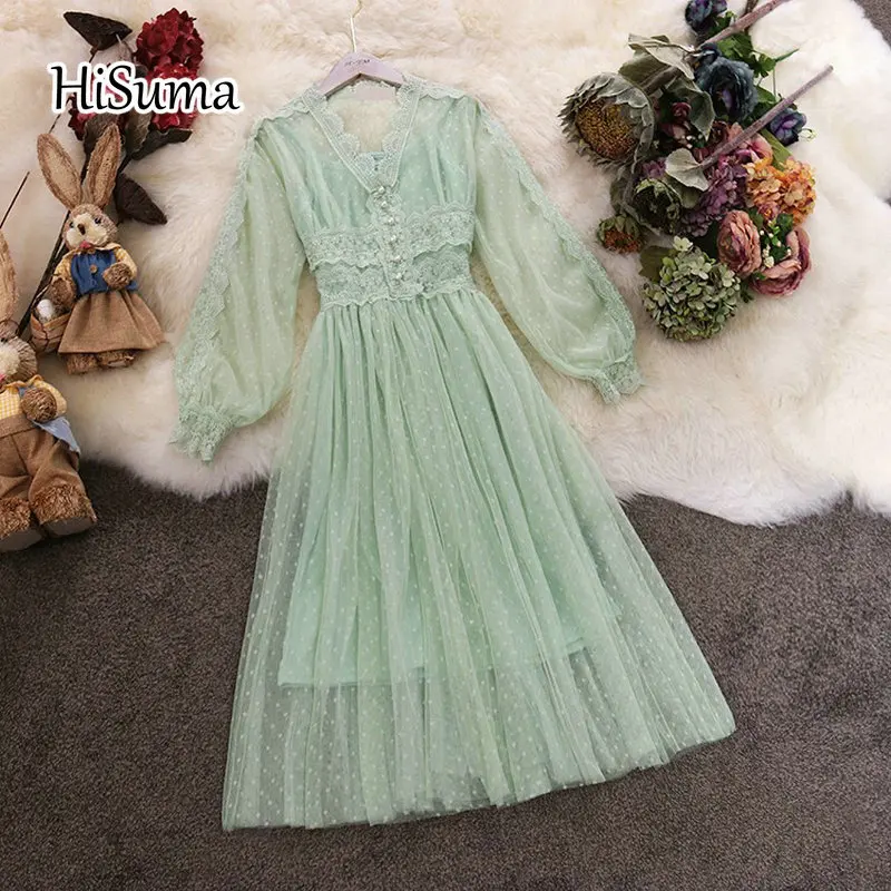 2021 Весенняя новинка женское платье с v образным воротом из сетчатой ткани Рукав