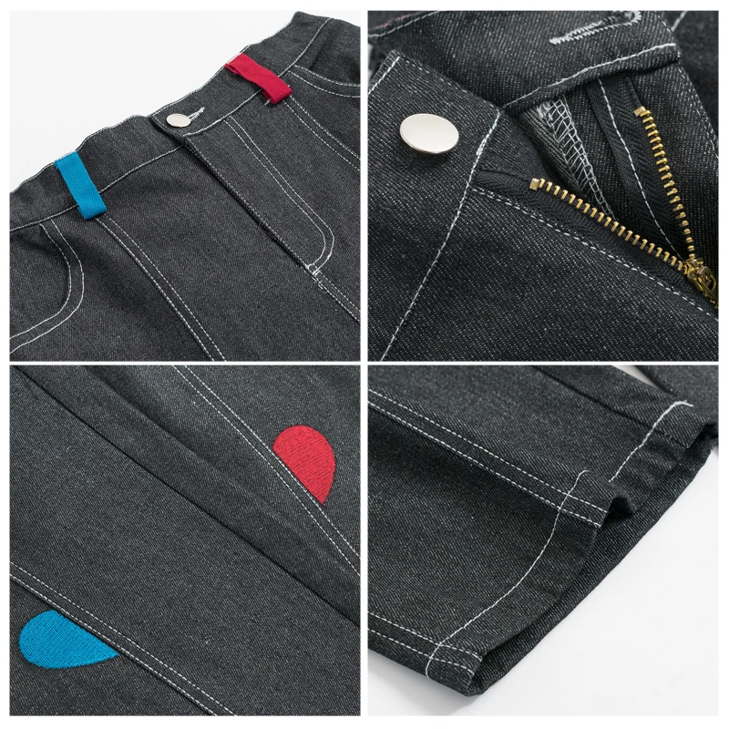 Harajuku Preppy Style Women Jeans Full Length Black Denim Straight Pants For Teenage Girls Ladies Trousers Hit Color |