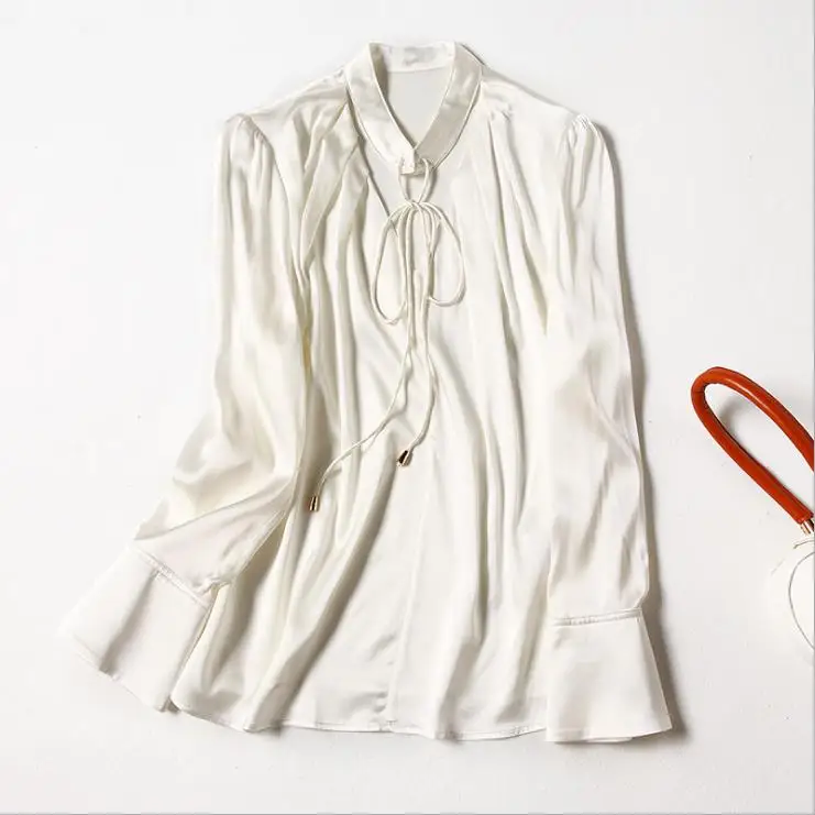 

European and American women's clothing spring 2021 new Long sleeves flared sleeves and V-neck Fashion pure color Silk shirt
