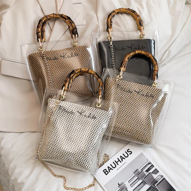 

Women's bag 2020 new transparent woven portable bucket bag foreign style fashion chain shoulder messenger bag two-piece