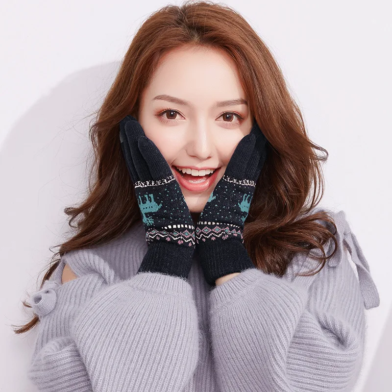 Женские зимние вязаные перчатки с оленем для сенсорных экранов теплые бархатные