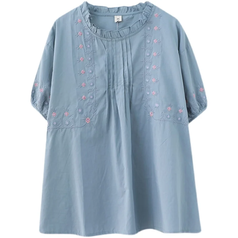

DIMANAF Summer 2021 Plus Size Women T-Shirt Linen Floral Tops Vintage Lace Loose Basic Lady Tees Shirt Blouse Tunic Clothing