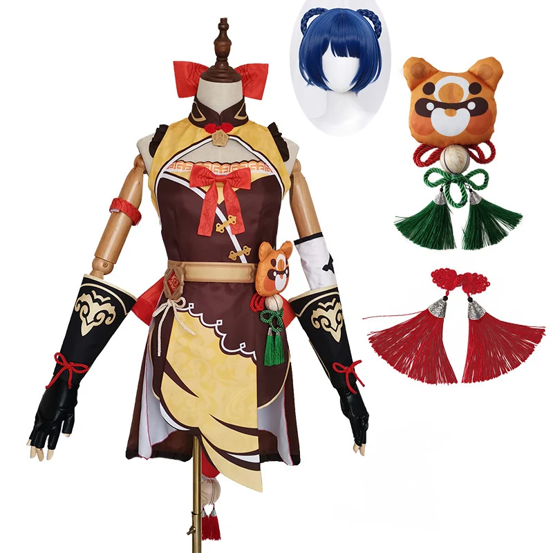 Genshin-Peluca de Anime para mujer, disfraz de impacto Xiangling, vestido de fiesta de Halloween, accesorios de uniforme, peluca