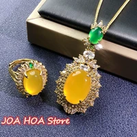 jewelry set quality gold plated inlays inlaid natural chalcedony agate jade pendant ring accessories with chain necklace