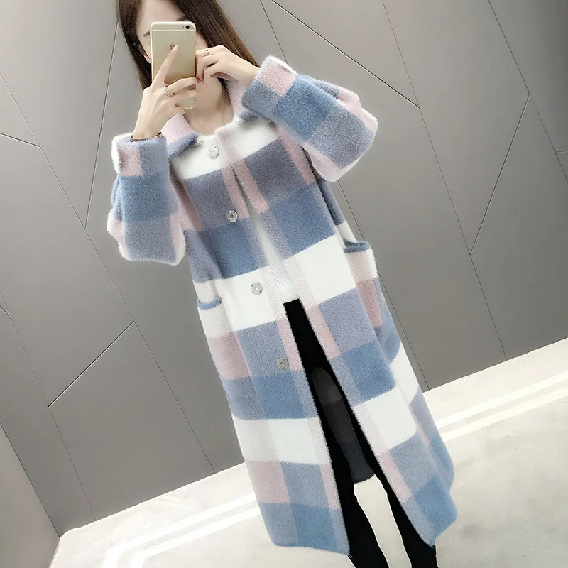 

2021 New Women Long Knitted Faux Mink Fur Coat Plaid Cardigan Jacket
