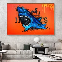 blue great shark canvas painting wall art posters and modern abstract graffiti prints pictures for living room home decoration