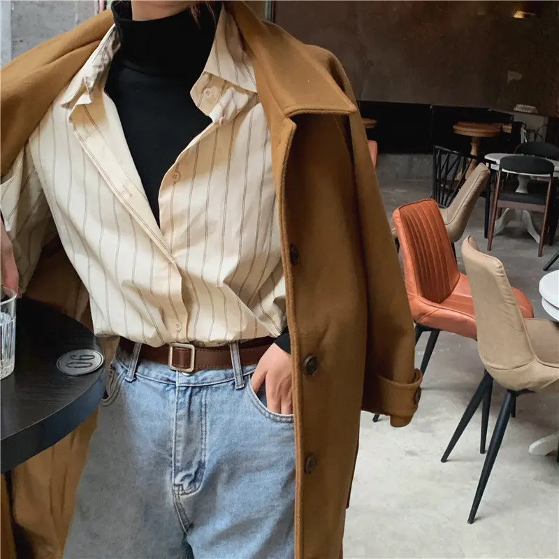 

HziriP 2020 Autumn Apricot Striped Gentle Sweet Fresh Vintage Stylish Women Cute Office Lady New Chic Loose All-Match Shirts