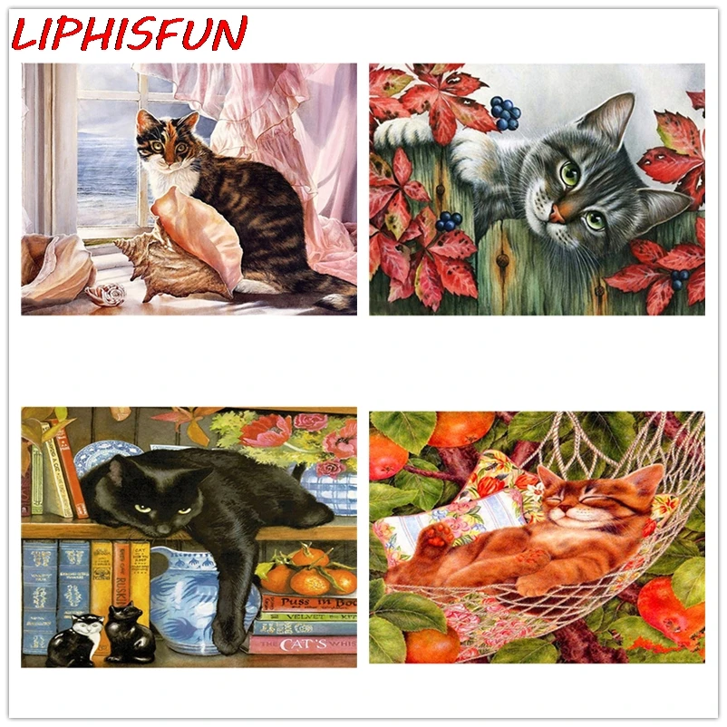 

LIPHISFUN Diamond Painting Window Cat Bookshelf Diamond Embroidery Full Display Picture Of Rhinestones Diamond Animals Beads Art