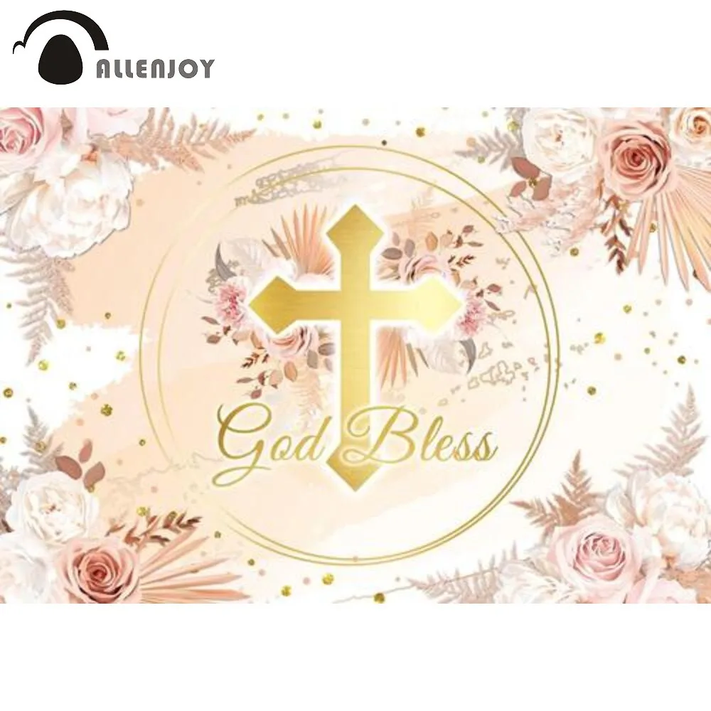 

Allenjoy God Bless Cross Boho Background Theme First Holy Communion Baptism Christening Newborn Baby Shower Photophone Backdrop