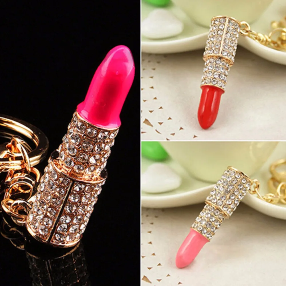 

New fashion KeyringKey Chain Gift Car Accessories design 1Pc Crystal Rhinestone Lipstick Golden Charm Pendant Bag Purse Car