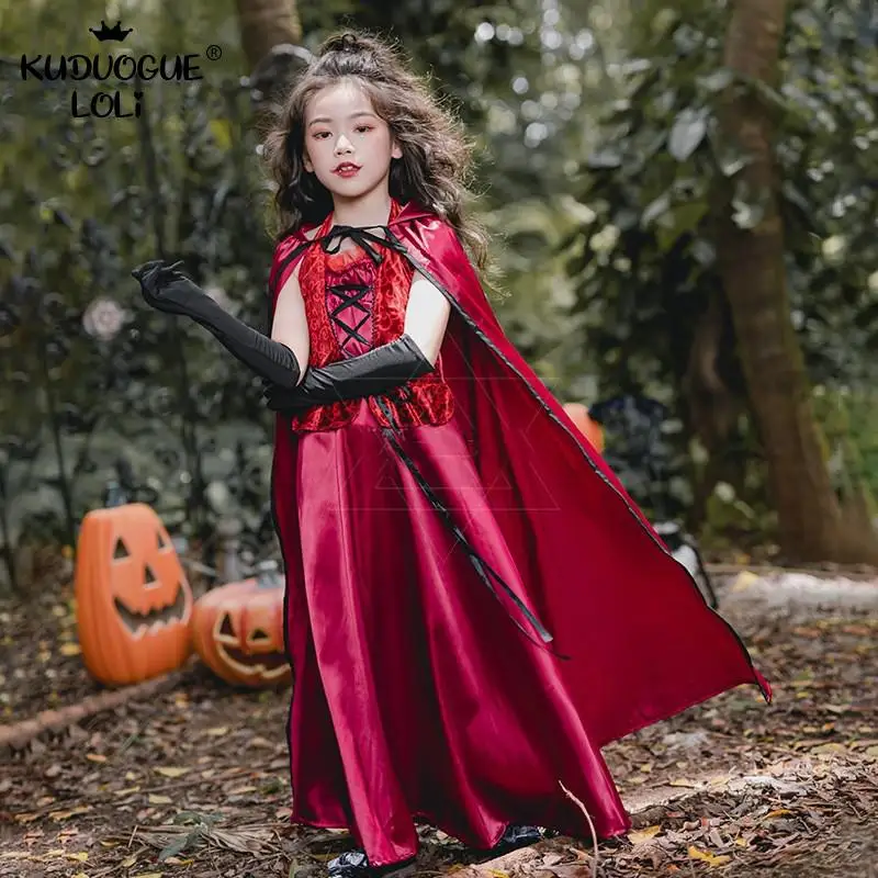 Костюм вампира на Хэллоуин для маленьких девочек платье ведьмы косплея шаль плащ