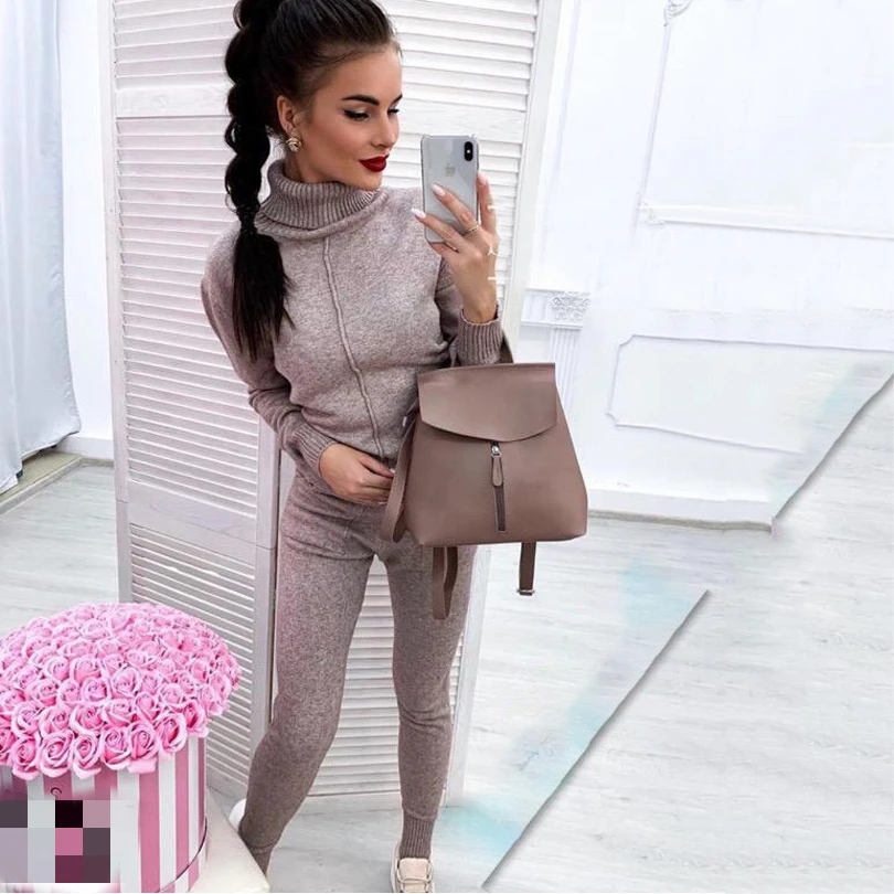 

TYHRU Women Knitted Costume Solid Color Turtleneck Sweaters Pants 2Pcs Track Suits Knitted Jumper Tops +Trousers Costume Set