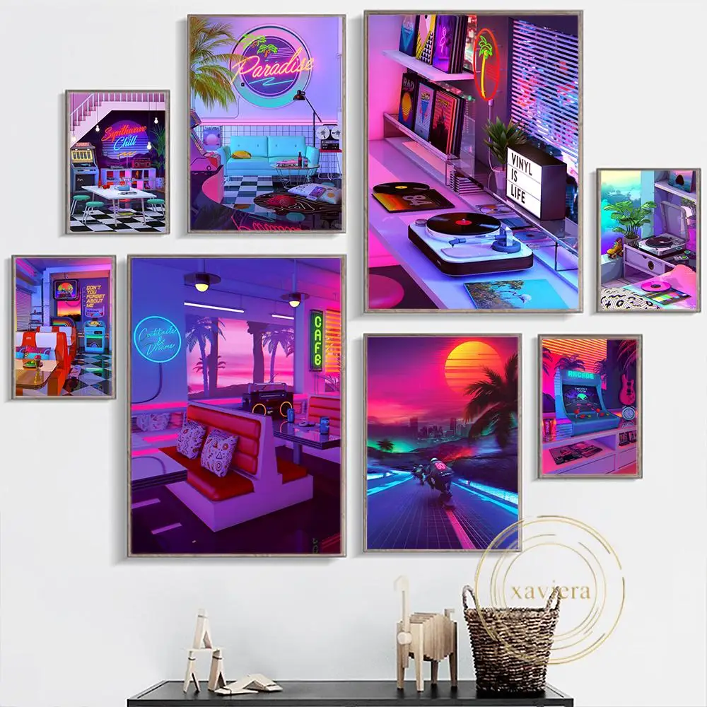 

Retro Fashion Poster Neon Dj Racing Cocktail Canvas Painting Street Scenery Fantasy Landscape Wall Art Picture Home Decoration