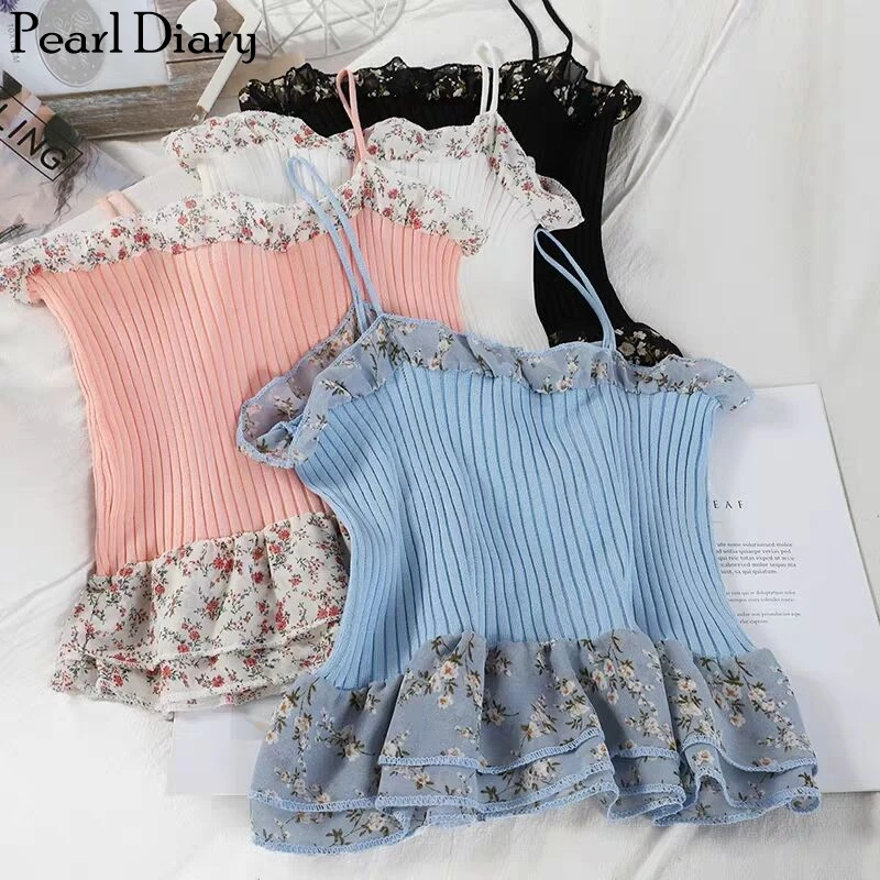 

Pearl Diary Women Rib Knit Camisole Chiffon Flounce Short Top Summer Girls Cute Crop Top Sleeveless Spaghetti Strap Camis Top