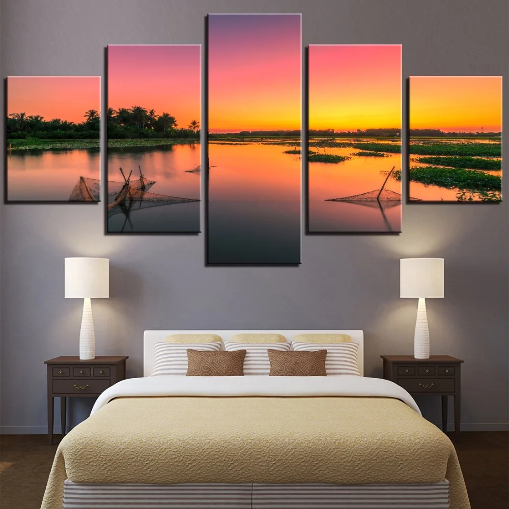 

5 Pieces Lake Scenery Canvas Wallpapers Sunset Glow Painting Landscape Posters Sky And Farm Picture For Home Room Decor Artwork