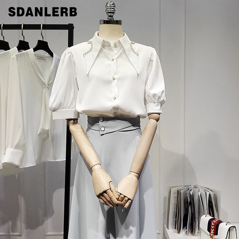 

Женская блузка с коротким рукавом, однотонная офисная рубашка с острым воротником и пышными рукавами, лето 2021