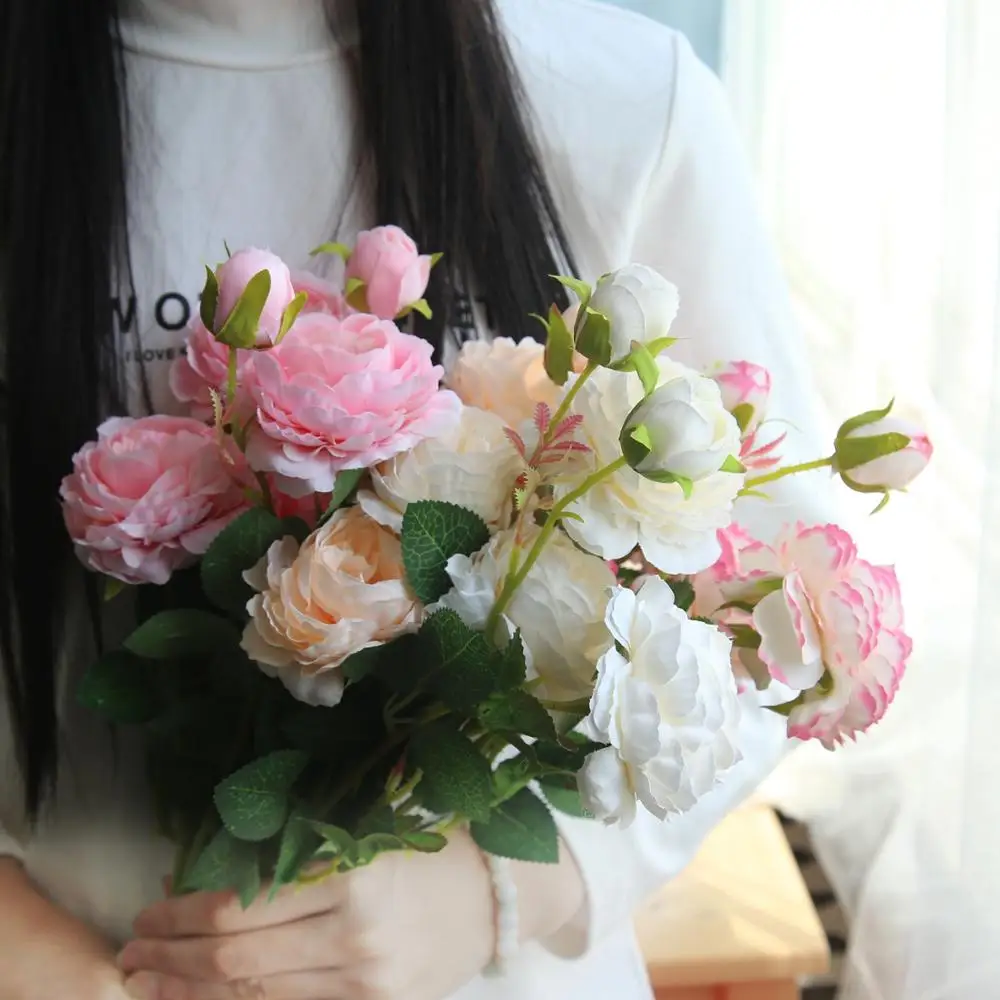 

10pcs 3 Heads Artificial Flowers White Peonies Silk Flowers Red Rose Artificial Flower Bouquet Wedding Decor Home Fake Flowers