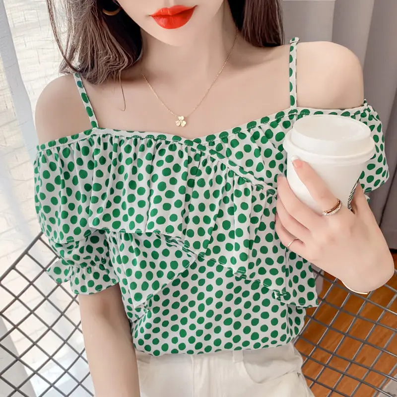 

Blouse Summer 2021 Autumn Elegant Dot Women Shirt Blouses Casual Slash Neck Short Sleeve Loose Female White Shirt For Women