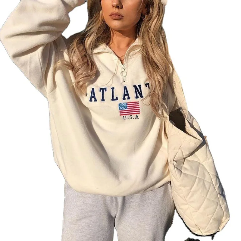 

Casual Letter Printing Hoodies Women Long Sleeve Turn-down Collar Embroidered Sweatshirts 2021 Autumn New Korean Woman Clothes