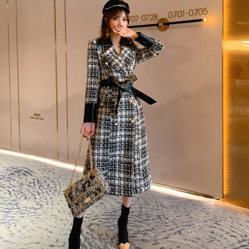 

Women Woolen Cloth With Jacket Coat Double-Breasted Belted Plaid Vintage Side Pockets Female Autumn Winter Chic Long Outerwear