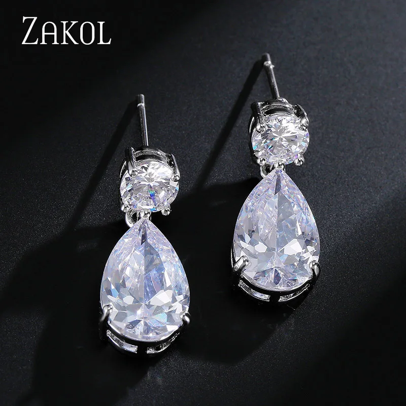 ZAKOL модные серьги-капли белого цвета для женщин невесты с фианитом высшего