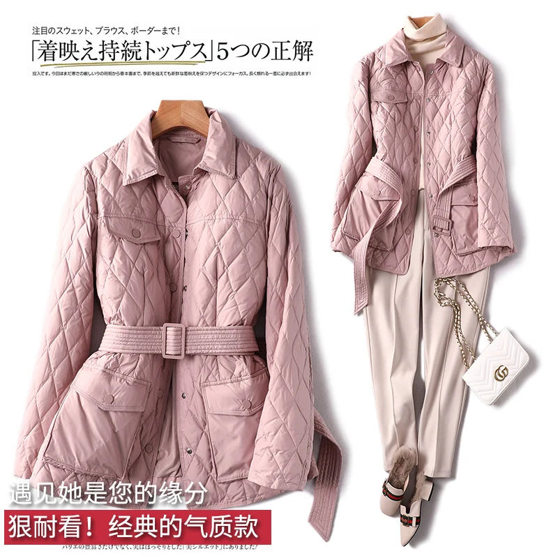Button Office Lady Argyle Covered 90% Duck Down Thin Abrigos Mujer White Jacket Women Parkas