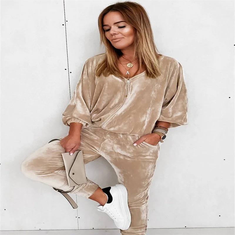 

Спортивный костюм женский из двух предметов, теплый однотонный бархатный свитшот на молнии, Повседневная Уличная одежда с V-образным вырезо...