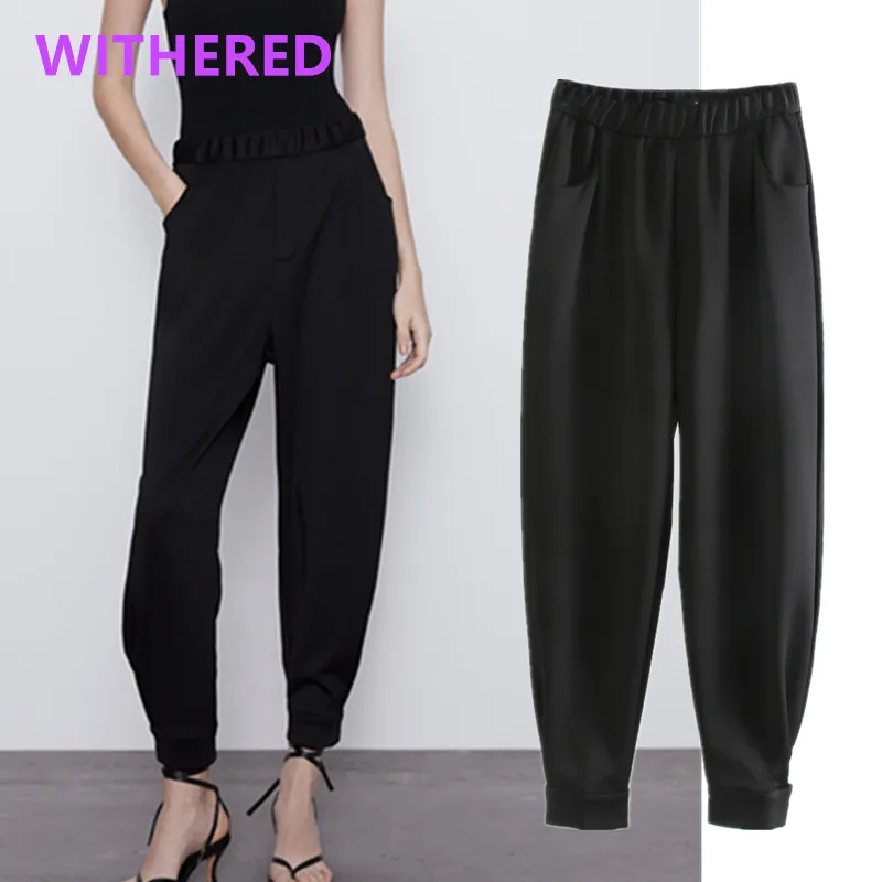Уличные атласные брюки в английском стиле черные штаны-шаровары для бега женские