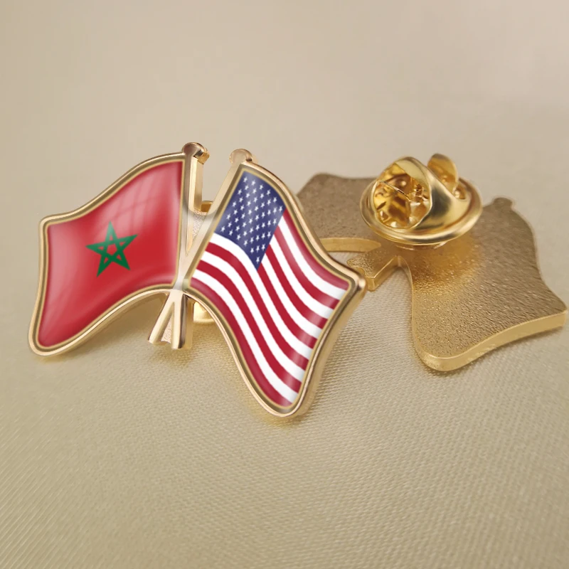 

Morocco and United States Crossed Double Friendship Flags Lapel Pins Brooch Badges