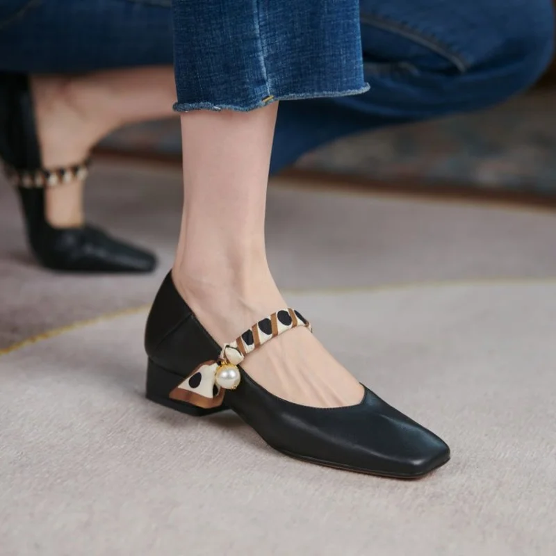 

DLEK Women Mary Janes Shoes Female Square Toe Middle Chunky Heel Pearl Buckle Riband Decorete Beige Ladies Summer Autumn Pumps