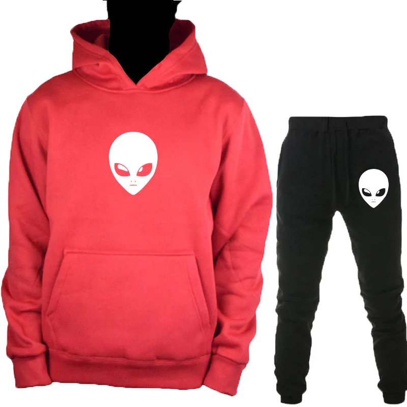 Red-B-HeiK Alien толстовка с капюшоном+ брюки костюм для мужчин женщин осень зима пуловер Толстовка Топы с принтом по всему миру спортивный костюм повседневная одежда - Цвет: Red-B-HeiK