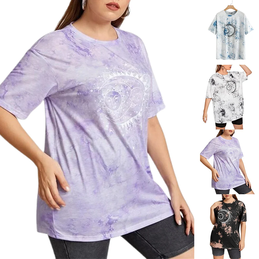 

L-4XL Loose Oversized Sun Moon Printed Short Sleeve T- Shirts Women Casual Top Fashion Casual Plus Size Female Clothing