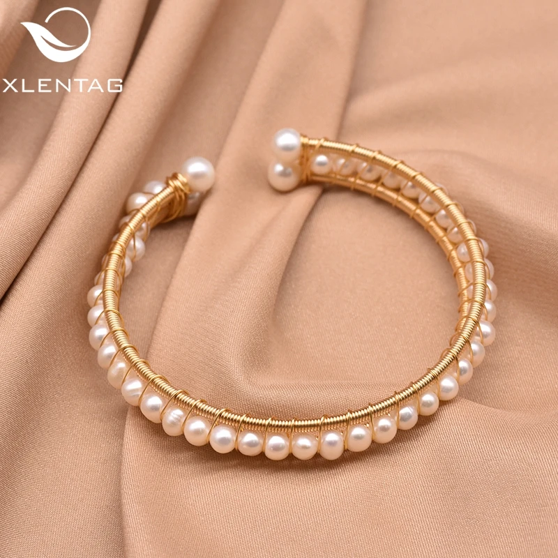 

XlentAg Handmade Natural Freshwater Pearl Double Layer Bangle For Women Daughter Gift Fine Jewelry Bransoletki Damskie GB0112